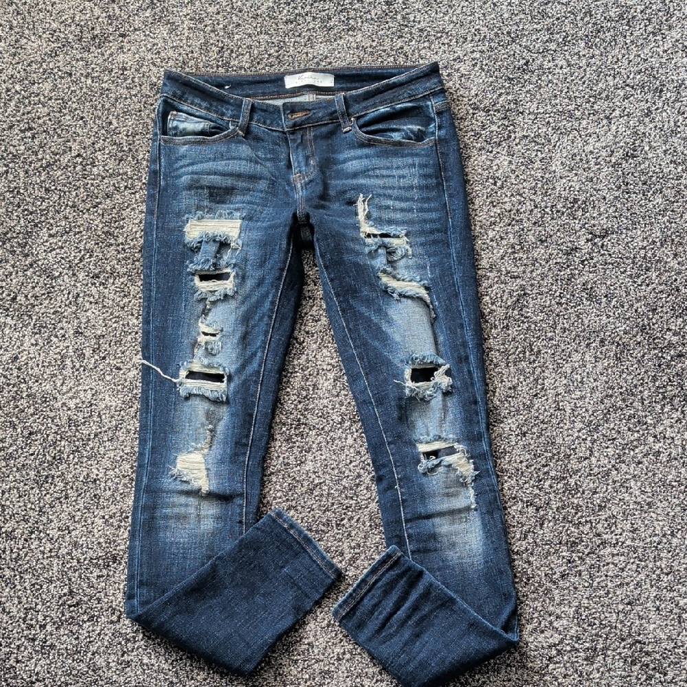 KanCan Signature Buckle Exclusive Women's Distressed Dark Blue Skinny Jeans